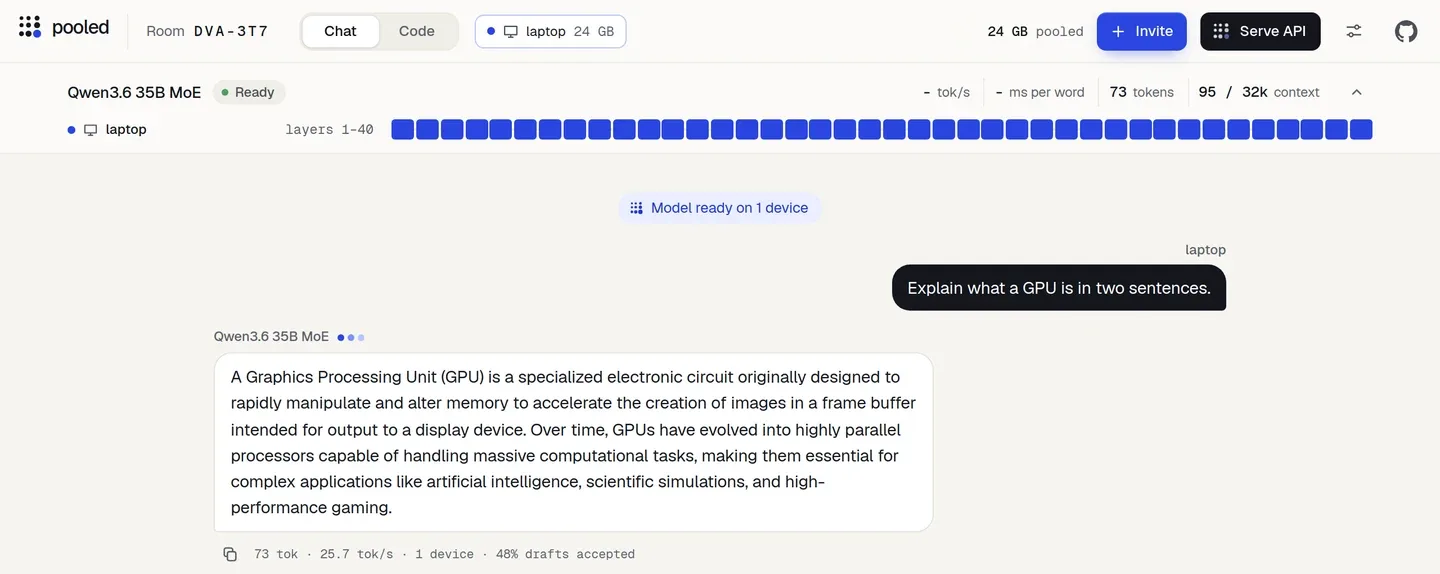 The room with Qwen3.6 35B MoE Ready, the question, a two-sentence answer and the line 73 tok, 25.7 tok/s, 1 device, 48% drafts accepted