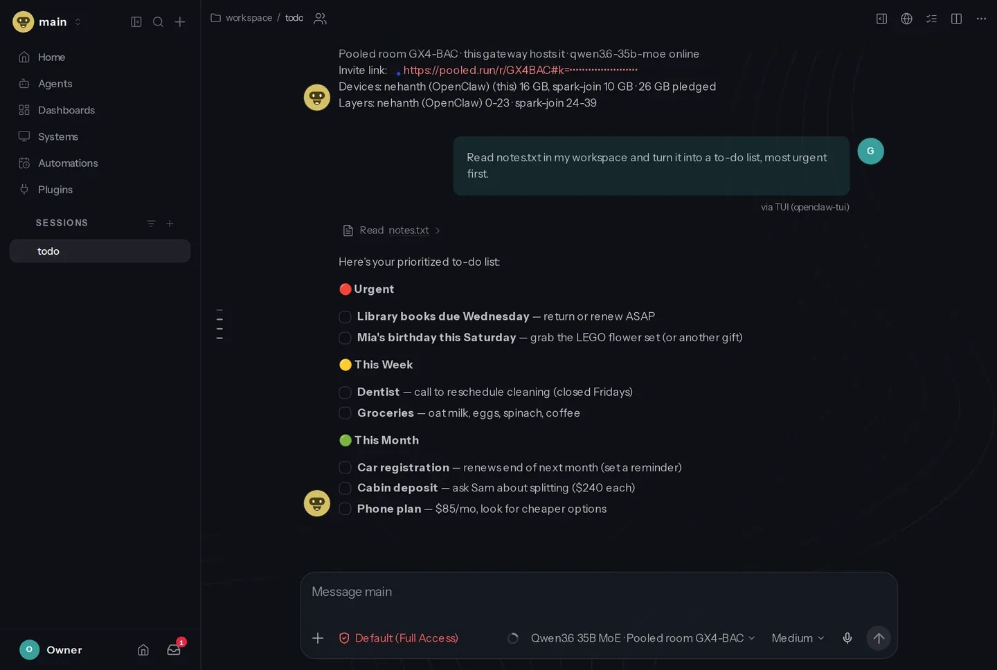 The Control UI: Read notes.txt, the to-do list, and Qwen3.6 35B MoE · Pooled room MXB-PHZ under the message box