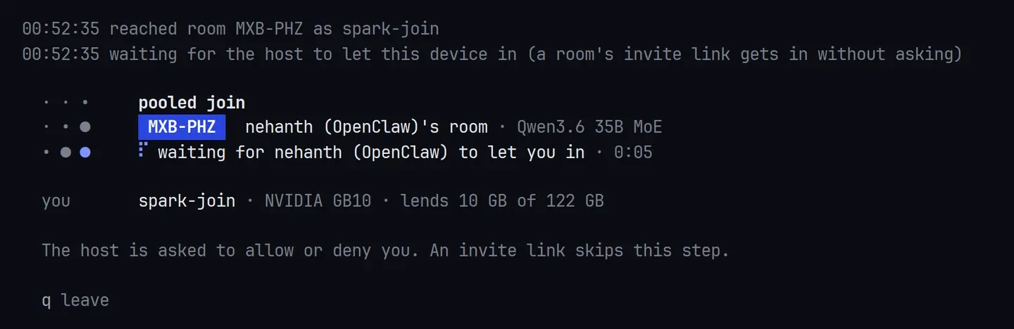 pooled join with the code alone: waiting for nehanth (OpenClaw) to let you in, lends 10 GB