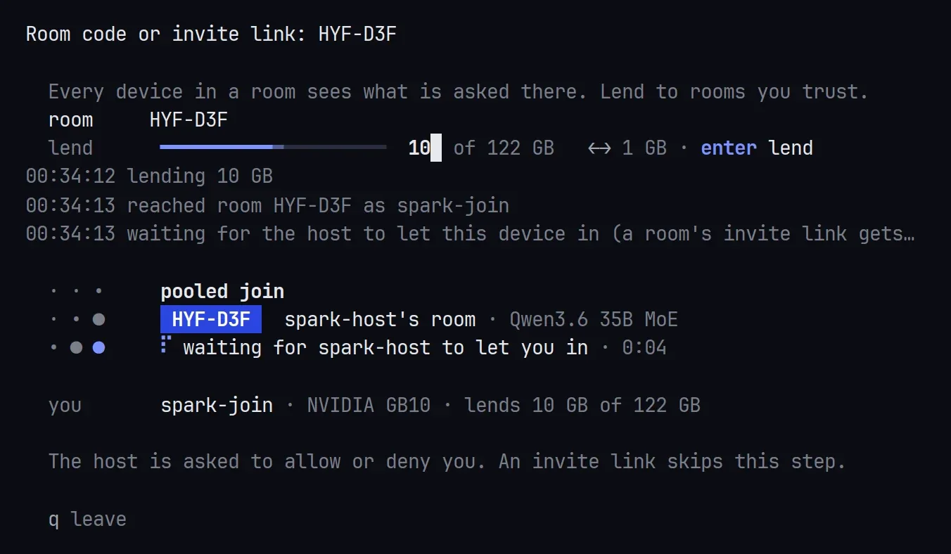 pooled join with the code alone: lend 10 GB typed first, then waiting for spark-host to let you in